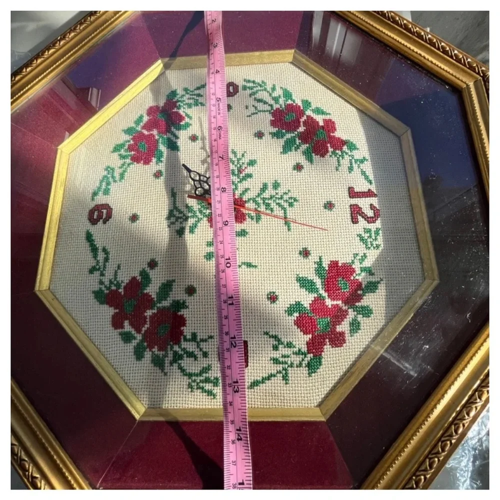 Clock Handmade Vintage Framed Floral embroidery Clock